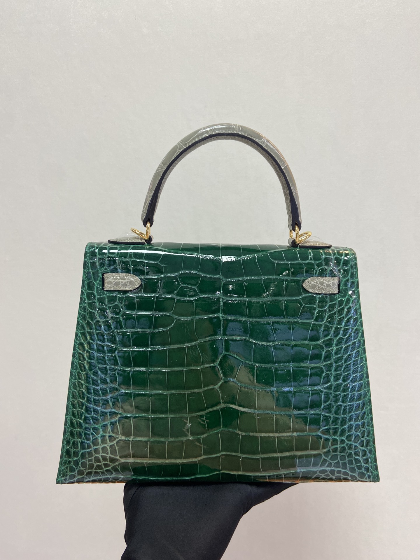 Hermes Kelly 25cm Handbag Shoulder Bag In Deep Green Grey Shiny Crocodile Niloticus Leather